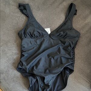 Kona Sol Black One-Piece Swimsuit with Ruffle Straps